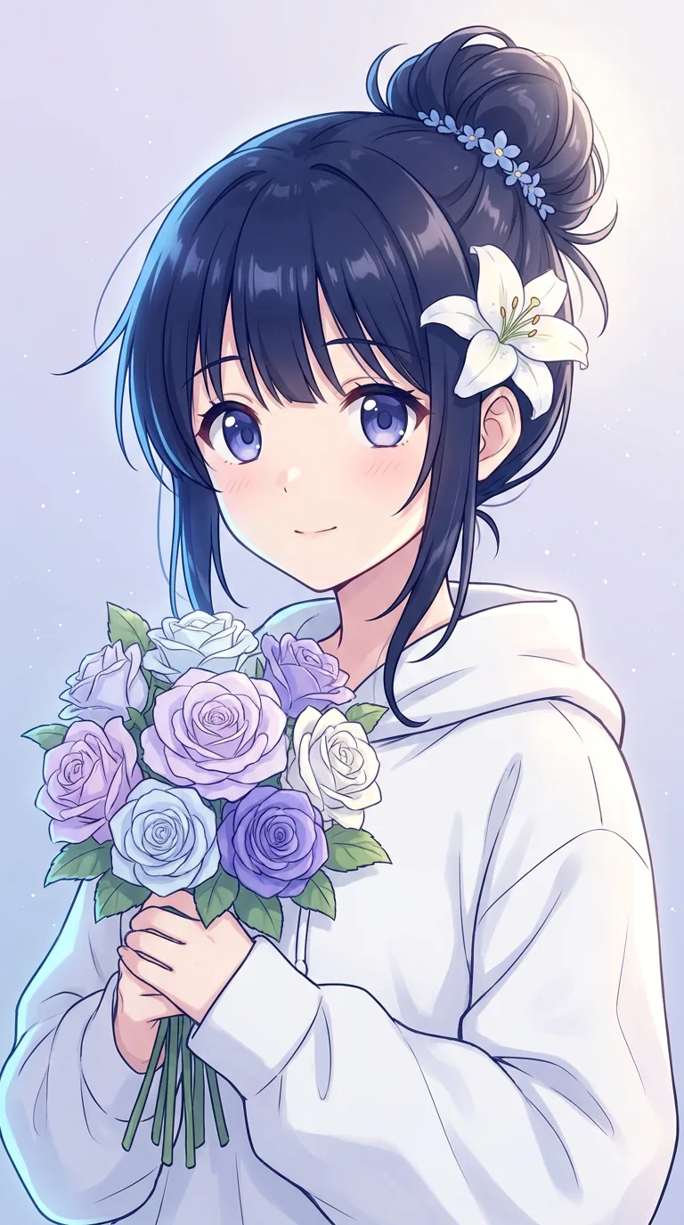 A gentle anime flower girl with midnight-blue hair styled in an elegant bun, holding a bouquet of lavender and pastel roses while wearing a white oversized hoodie against a soft lavender-blue gradient background.