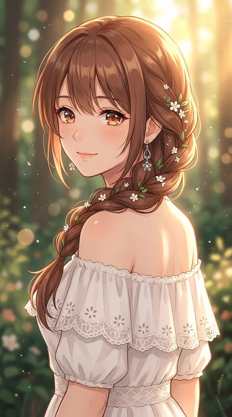 A romantic anime forest maiden with long chestnut-brown braided hair, warm amber eyes, delicate white floral accessories, and an off-shoulder white dress turning back toward the viewer in a sunlit forest garden filled with golden bokeh and warm afternoon light.
