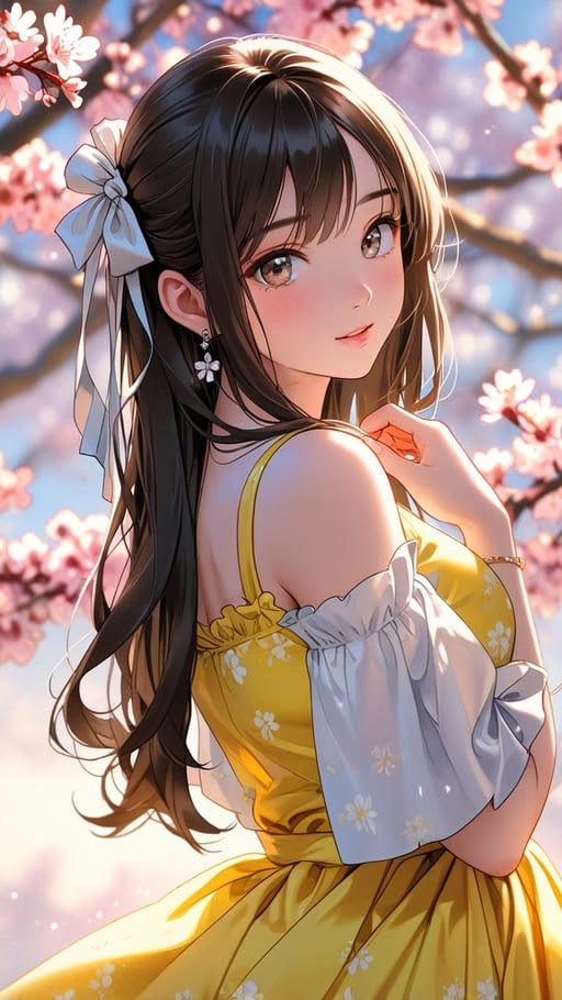 A graceful anime girl with long ash-brown hair tied with a large white ribbon, wearing a yellow floral spring dress and white ruffled sleeves, looking back beneath blooming cherry blossoms in warm afternoon sunlight.