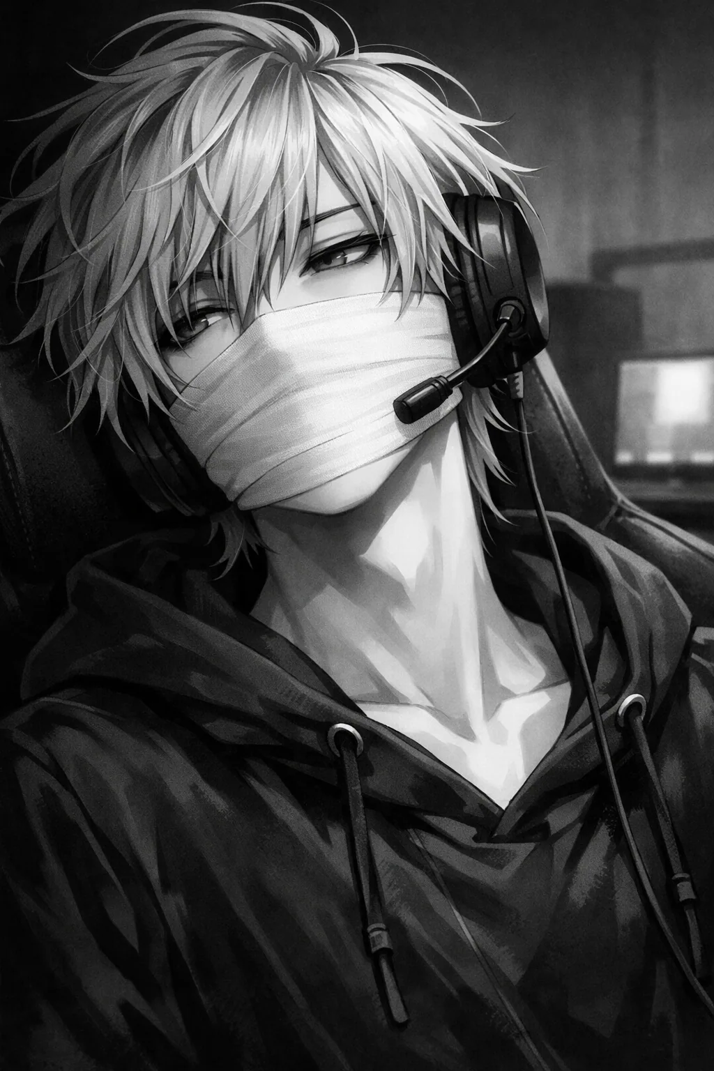 A monochrome anime gamer boy with messy silver-white wolf-cut hair reclines in a black gaming chair, wearing a headset and a white cloth covering over his mouth while gazing to the right in a dim grayscale gaming room.