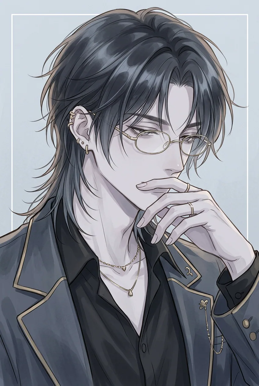 A refined anime-inspired aristocratic young man with long charcoal-black wolf-cut hair, gold wire-frame glasses, layered gold jewelry, and a black blazer, posing thoughtfully with one hand near his lips against a minimalist blue-gray editorial background.