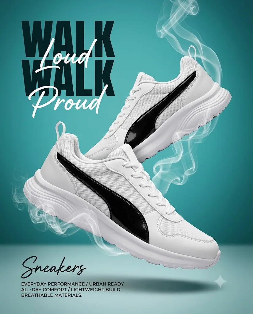 High-end commercial sneaker advertising poster featuring two floating modern white athletic sneakers with glossy black curved side panels, surrounded by soft smoke trails in a teal studio wall-and-floor setup with bold editable-style typography, realistic shadows, and premium product lighting.