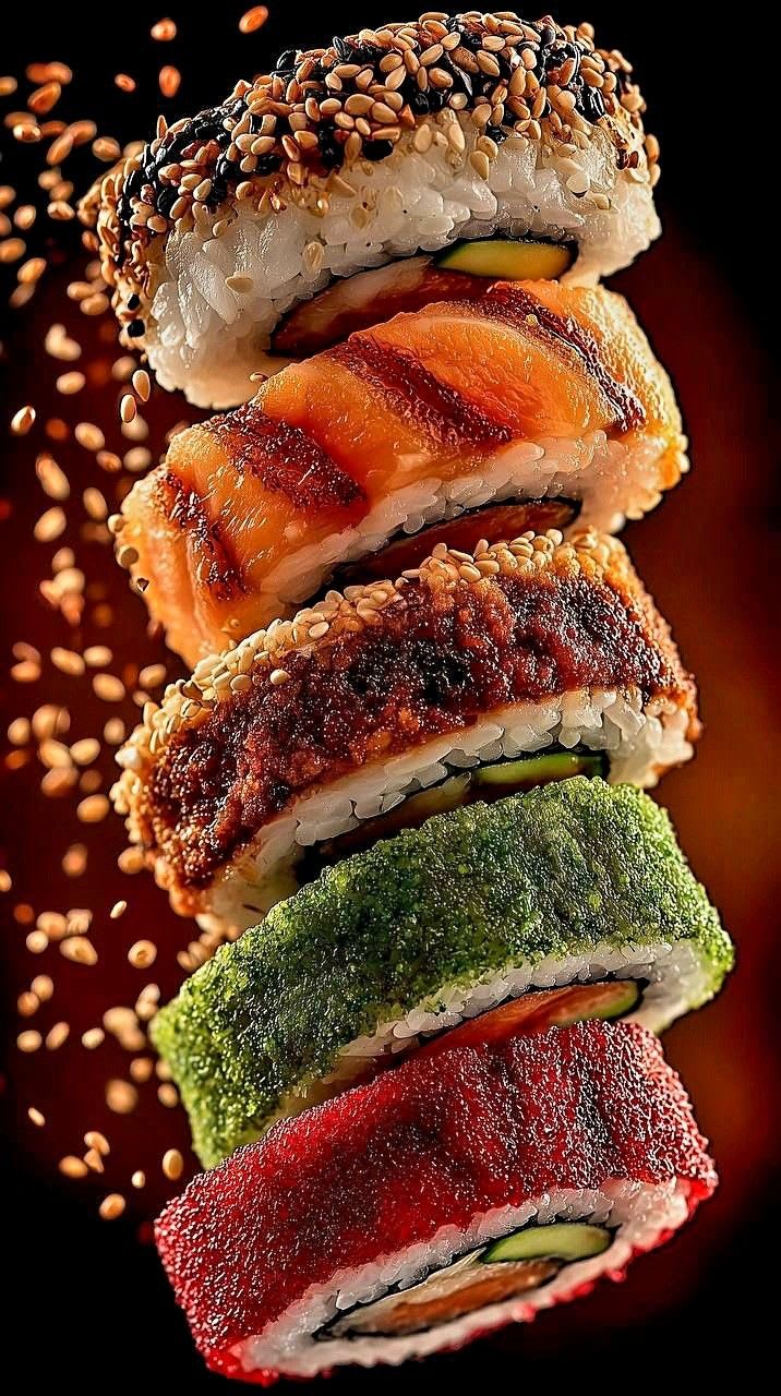 Macro close-up commercial food photograph of five sushi roll pieces stacked diagonally and floating in mid-air, surrounded by white and black sesame seeds, sharply lit against a dark black-to-deep-red blurred background in a vertical 9:16 composition.